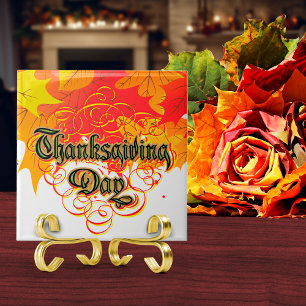 Leafy Typographic Thanksgiving Day Words  Ceramic Tile