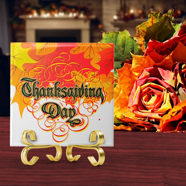 Leafy Typographic Thanksgiving Day Words  Ceramic Tile (Creator Uploaded)