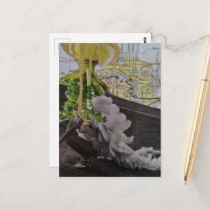 Leafy UFO Comes For Her Mixed Media Collage Postcard