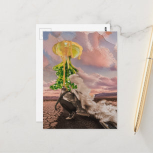 Leafy UFO Comes For Her Mixed Media Collage Postcard