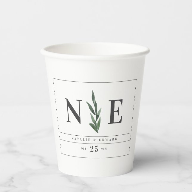 leafy watercolor floral monogram wedding  paper cups (Front)