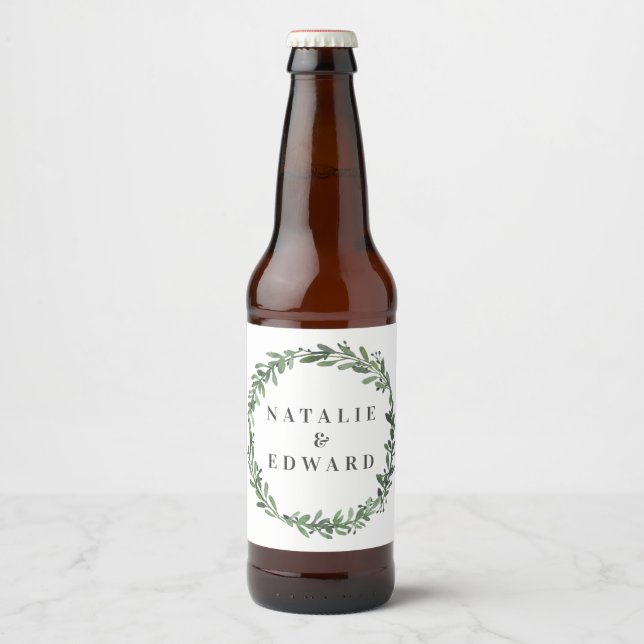 leafy watercolor floral wedding name beer bottle label (Front)