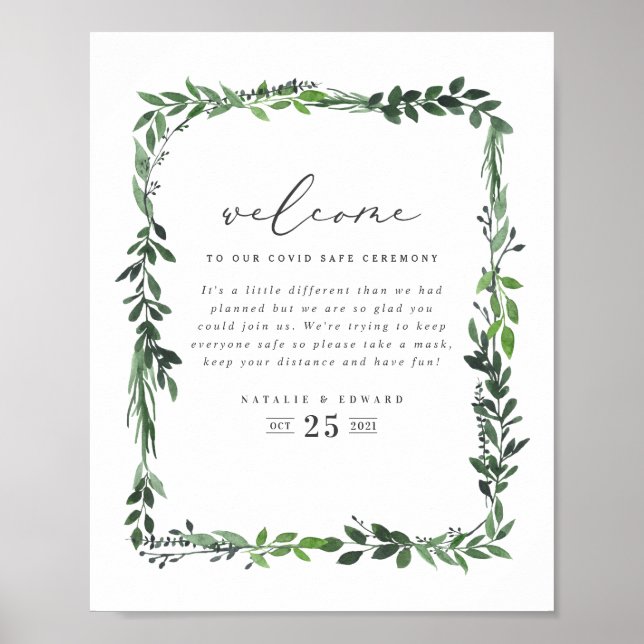 leafy watercolor geometric covid safe wedding poster (Front)