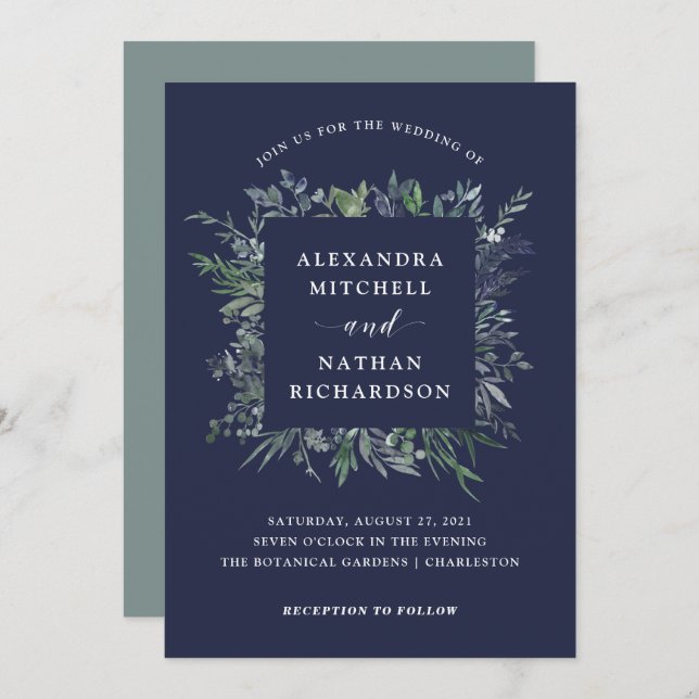 Leafy Watercolor | Midnight Blue Wedding Invitation (Front/Back)
