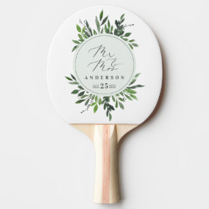 leafy watercolor Mr & Mrs wedding Ping Pong Paddle