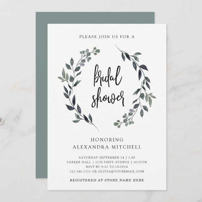 Leafy Watercolor Wreath | Bridal Shower Invitation (Front/Back)