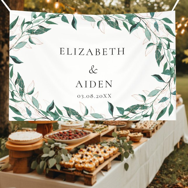Leafy Wedding Banner (Elegant, leafy greenery & rose-gold line art design, white, wedding banner with your name & date. )