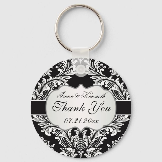 Leafy white damask pattern on a black Wedding Key Ring (Front)