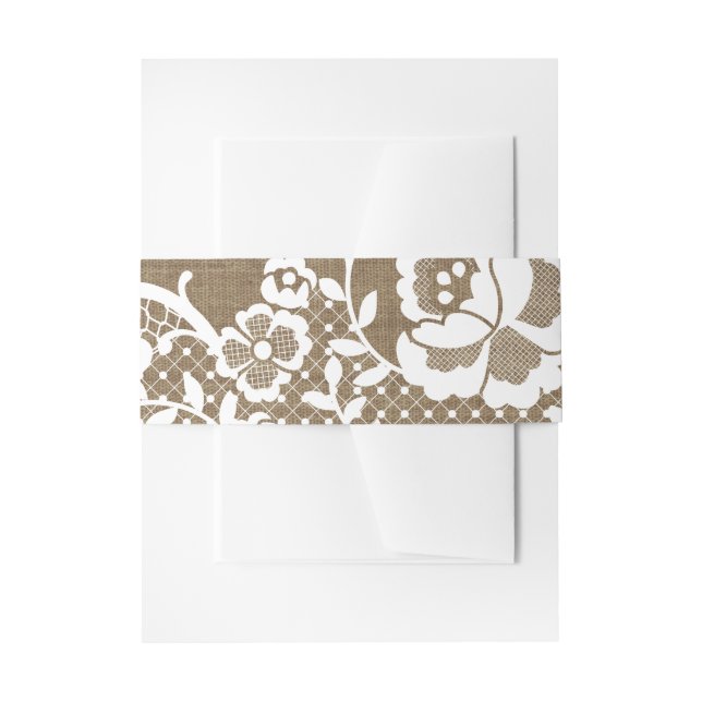 Leafy White Lace Pattern Over Dark Burlap Invitation Belly Band (Front Example)