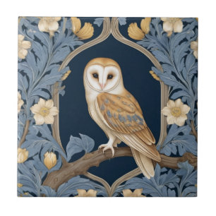 Leafy William Morris style Left facing Barn Owl Ceramic Tile