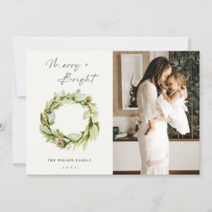 Leafy Winter Wreath Merry & Bright Christmas Photo Holiday Card
