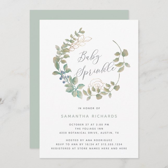 Leafy Wreath | Botanical Baby Sprinkle with Gold Invitation (Front/Back)