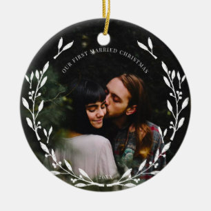 Leafy Wreath First Married Christmas Ceramic Ornament