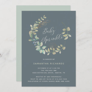 Leafy Wreath Gold Botanical Baby Sprinkle   Slate Invitation