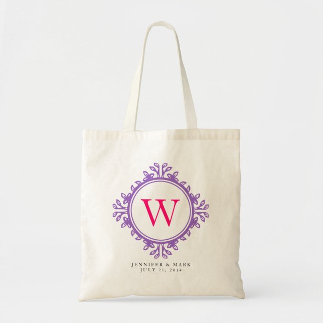 Leafy wreath purple monogram personalised tote bag (Front)