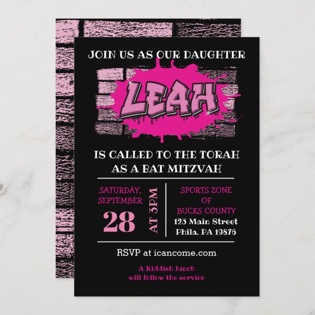  LEAH Graffiti Name Brick Wall Bat Mitzvah Invite (Front/Back)