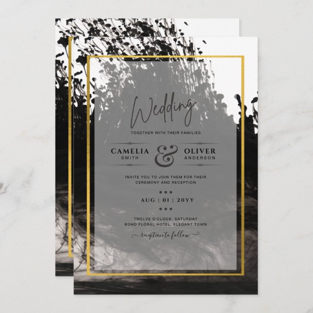 LeahG Black Gold INK Abstract Wedding Invite (Front/Back)