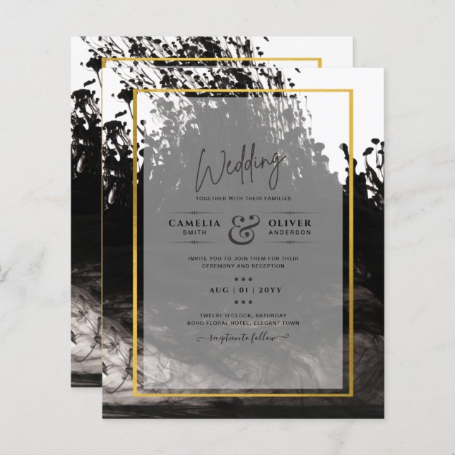 LeahG Black Gold INK Abstract Wedding Invite (Front/Back)