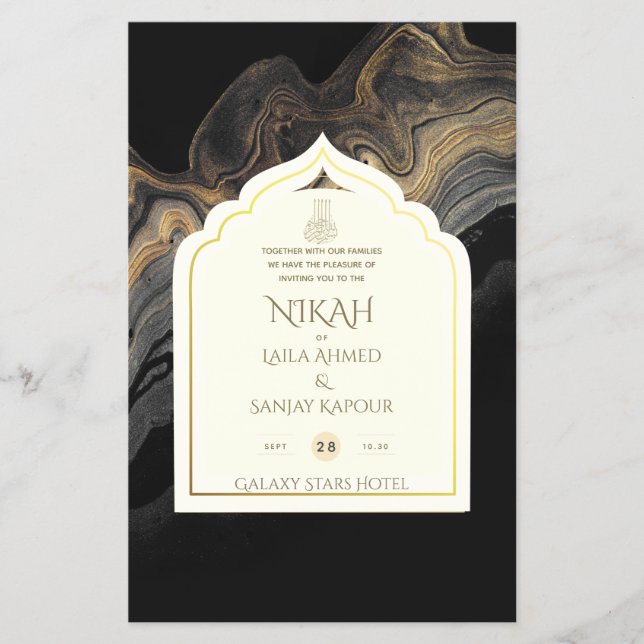 LeahG Black Gold Islamic Muslim Wedding Invites Flyer (Front)