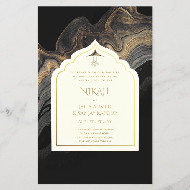LeahG Black Gold Islamic Muslim Wedding Invites Flyer (Front)