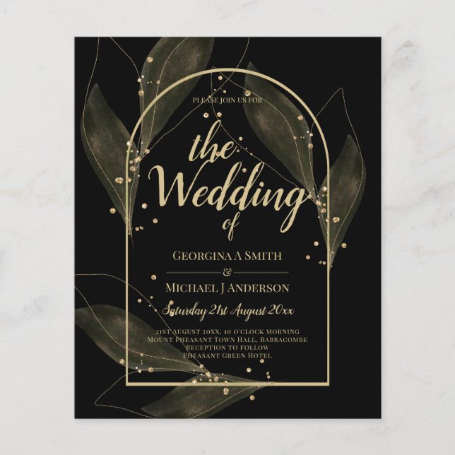 LeahG Black Gold Leaves Modern Wedding INVITE (Front)