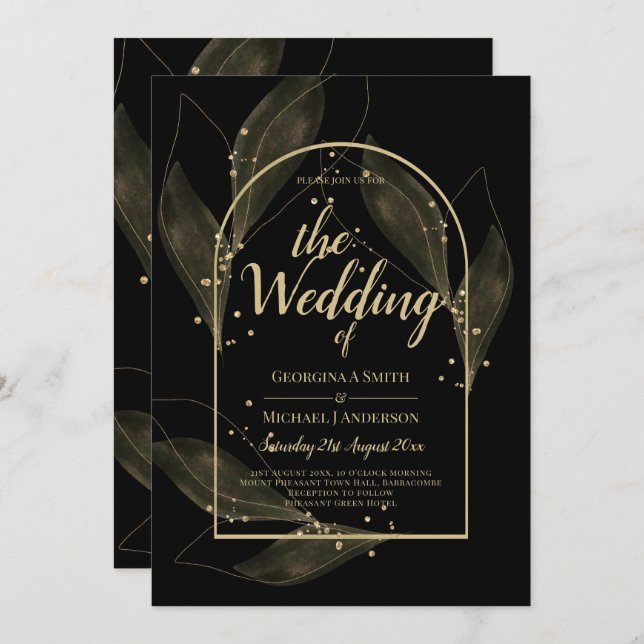 LeahG Black Gold Leaves Modern Wedding INVITE (Front/Back)