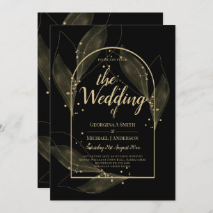 LeahG Black Gold Leaves Modern Wedding INVITE