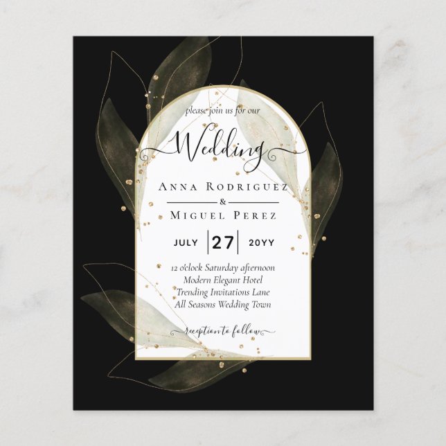 LeahG Black Gold Leaves Modern Wedding INVITE (Front)