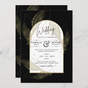 LeahG Black Gold Leaves Modern Wedding INVITE