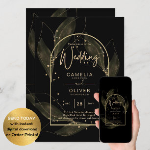 LeahG Black Gold Leaves Modern Wedding INVITE