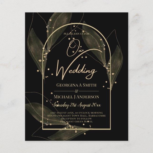 LeahG Black Gold Leaves Modern Wedding INVITE Flyer (Front)