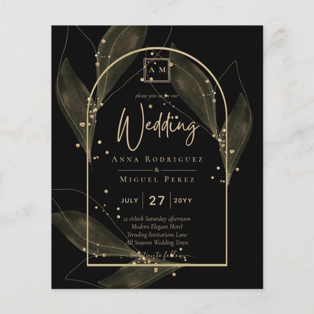 LeahG Black Gold Leaves Modern Wedding INVITE Flyer (Front)