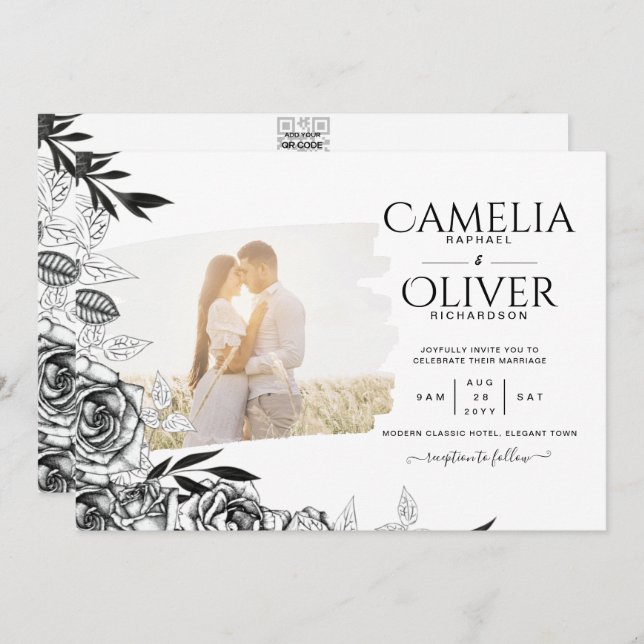 LeahG Black White Roses Photo Overlay Wedding Invitation (Front/Back)