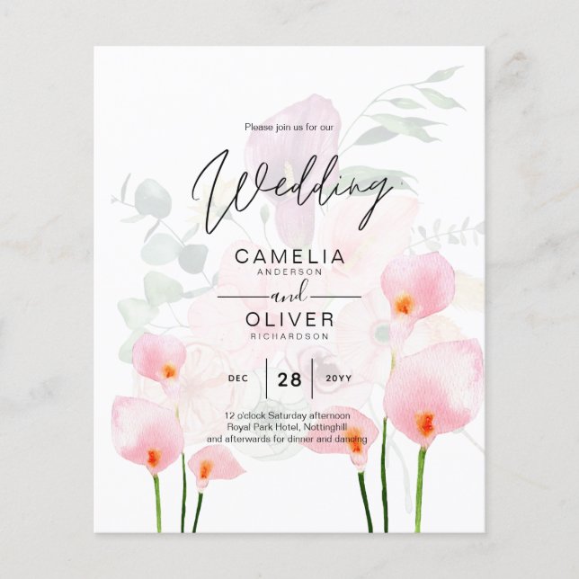 LeahG Blush Pink Calla Lily Wedding Invite Floral Flyer (Front)