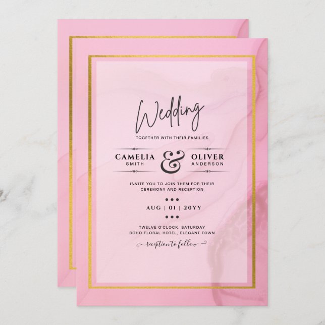 LeahG Blush Pink Gold INK Ombre Wedding INVITE (Front/Back)