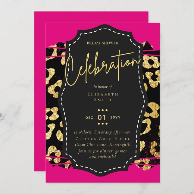 LeahG Bridal Shower Glam Chic Animal Gold Pink Blk Invitation (Front/Back)