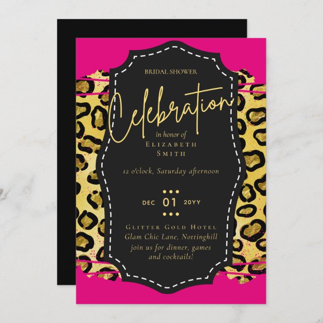 LeahG Bridal Shower Glam Chic Animal Gold Pink Blk Invitation (Front/Back)