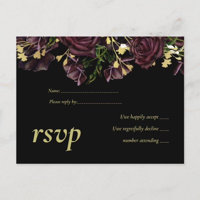 LeahG BUDGET Dark PLUM Roses Wedding Invitation Postcard (Front)
