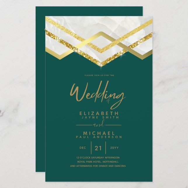 LeahG Budget DECO Silver Gold Wedding Invite (Front/Back)