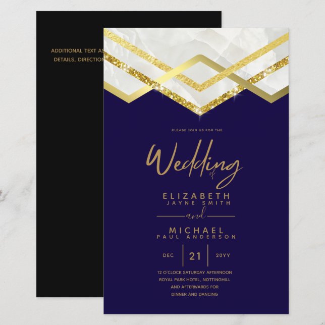 LeahG Budget DECO Silver Gold Wedding Invite (Front/Back)