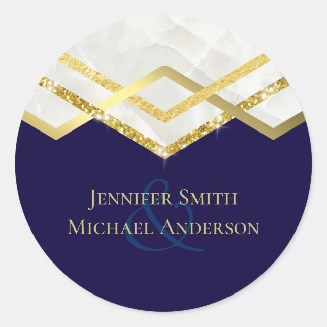 LeahG Budget Navy Gold Art Deco Wedding Classic Round Sticker (Front)