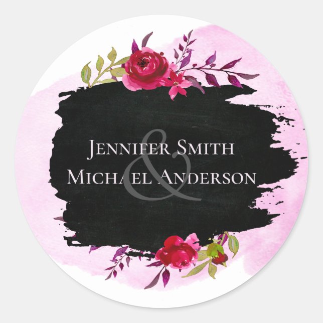 LeahG Budget Pink Rose Black Modern Wedding Classic Round Sticker (Front)