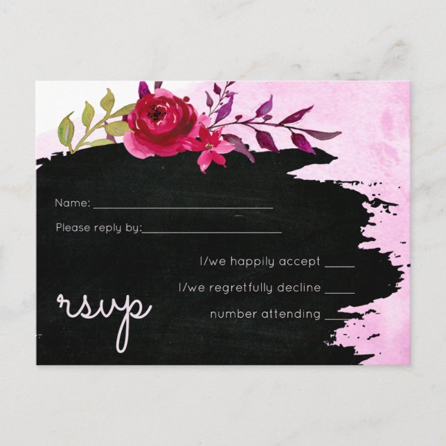 LeahG Budget Pink Rose Black Modern Wedding Invitation Postcard (Front)