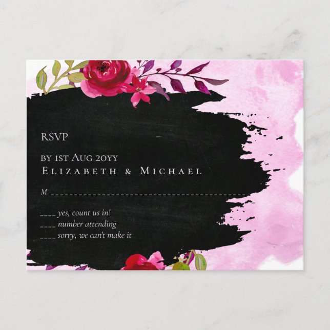 LeahG Budget Pink Rose Black Modern Wedding Postcard (Front)