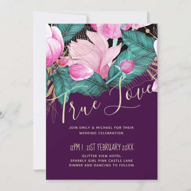 LeahG Budget Pink Roses Plum Modern Wedding Chic (Front)