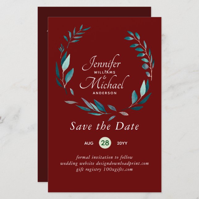 LeahG BUDGET Save Dates Turquoise Teal Wreath (Front/Back)