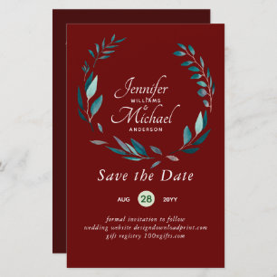 LeahG BUDGET Save Dates Turquoise Teal Wreath