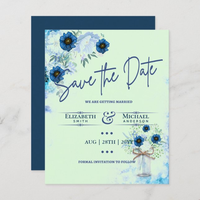 LeahG BUDGET Save The Date Blue Mint Florals (Front/Back)