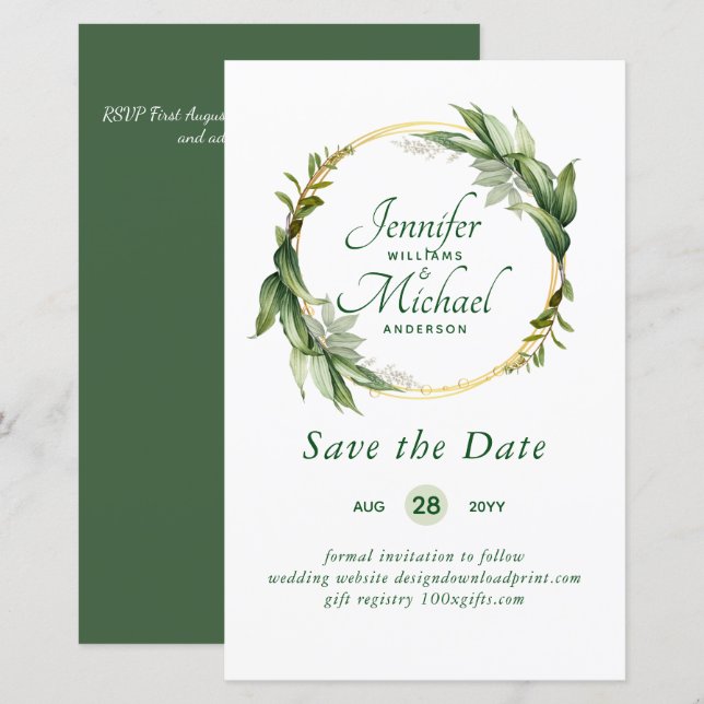 LeahG BUDGET Save The Date Greenery Wreath Modern (Front/Back)