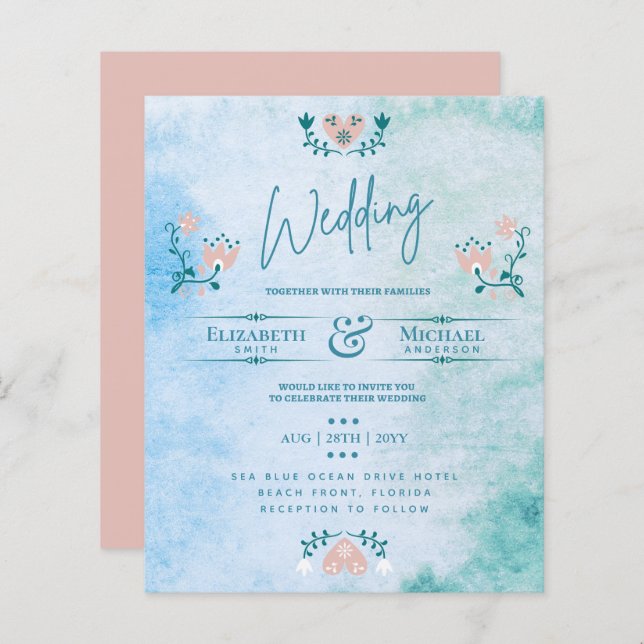 LeahG BUDGET Wedding Invite Folk Art Peach Teal (Front/Back)